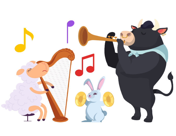 Animais músicos tocando instrumentos